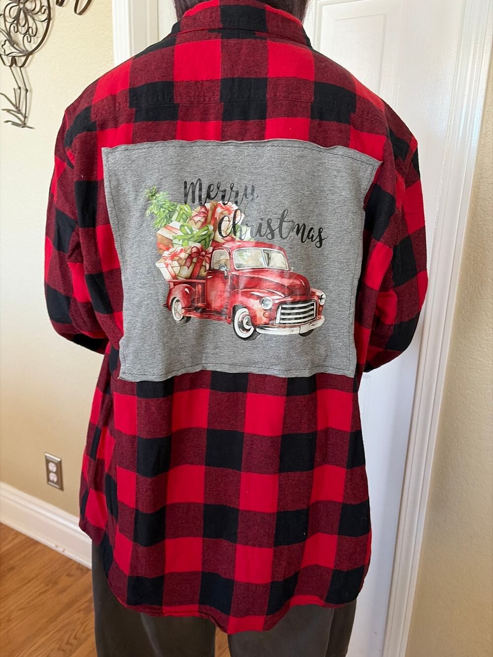 Merry Christmas Truck Upcycled Flannel Shirt Unisex Large L
